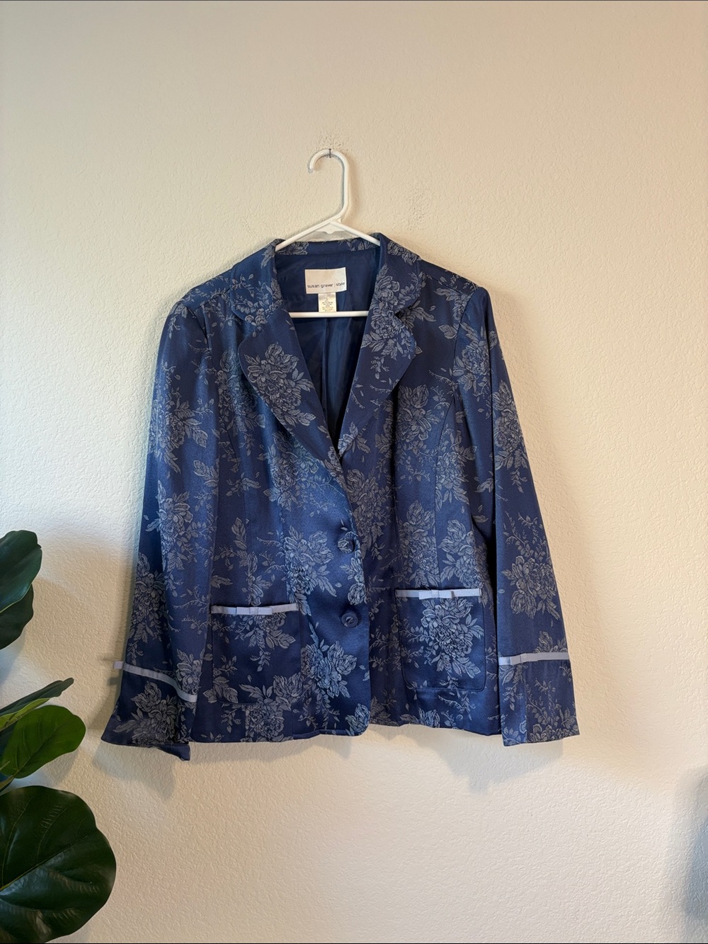 Susan Graver blue Floral Satin Blazer with Light Blue bow Trim
